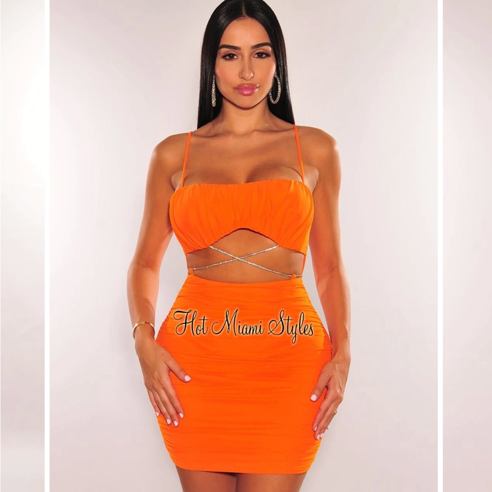 Tangerine mini dress with rhinestone tie